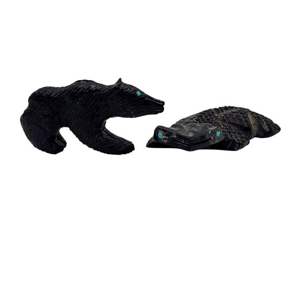 Native American Zuni Hand Carved Bear Alligator Fetishes Black Stone Turquoise - Picture 14 of 14